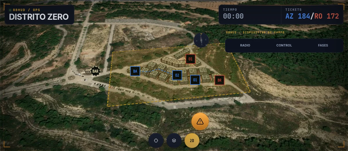 Distrito Zero en BBHUD con cartografía SAT, sus edificios y objetivos configurados