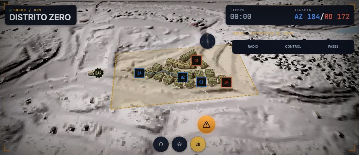 Distrito Zero en BBHUD con cartografía RELIEVE, sus edificios y objetivos configurados