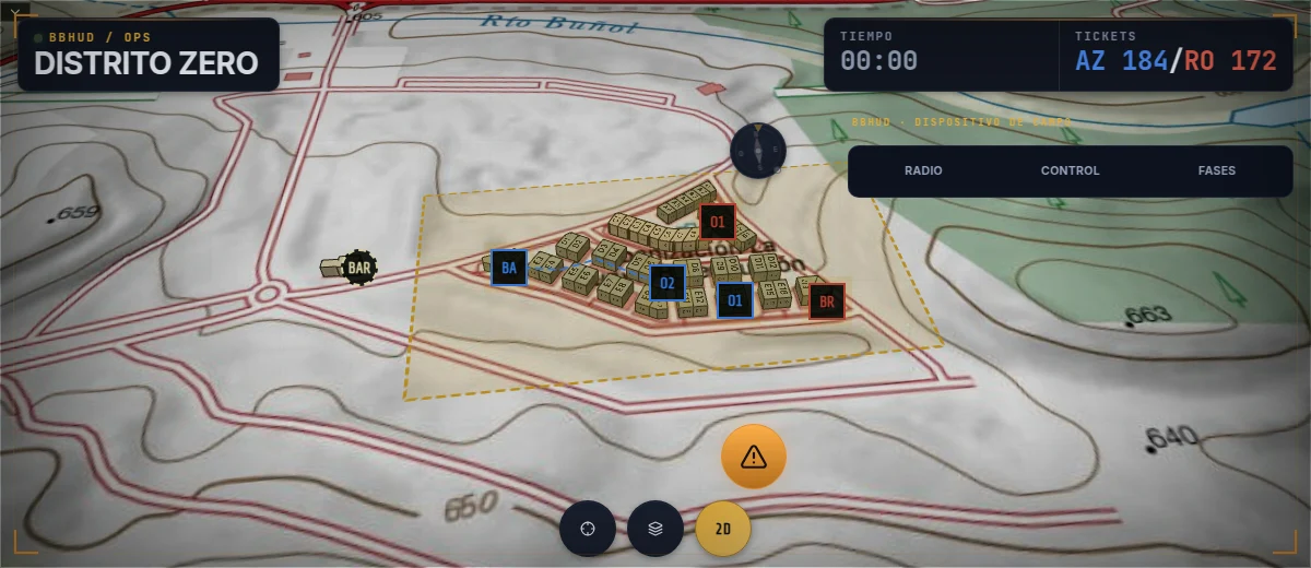 Distrito Zero en BBHUD con cartografía TOPO, sus edificios y objetivos configurados
