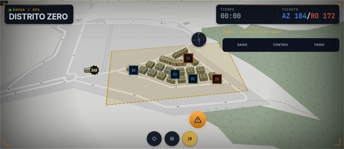 Distrito Zero en BBHUD con cartografía OSM, sus edificios y objetivos configurados