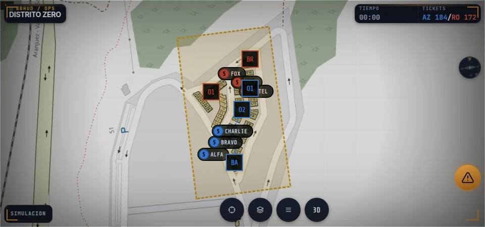 Vista del organizador en el simulacro de BBHUD: dos bandos sobre el campo 3D, con el panel de configuración plegado